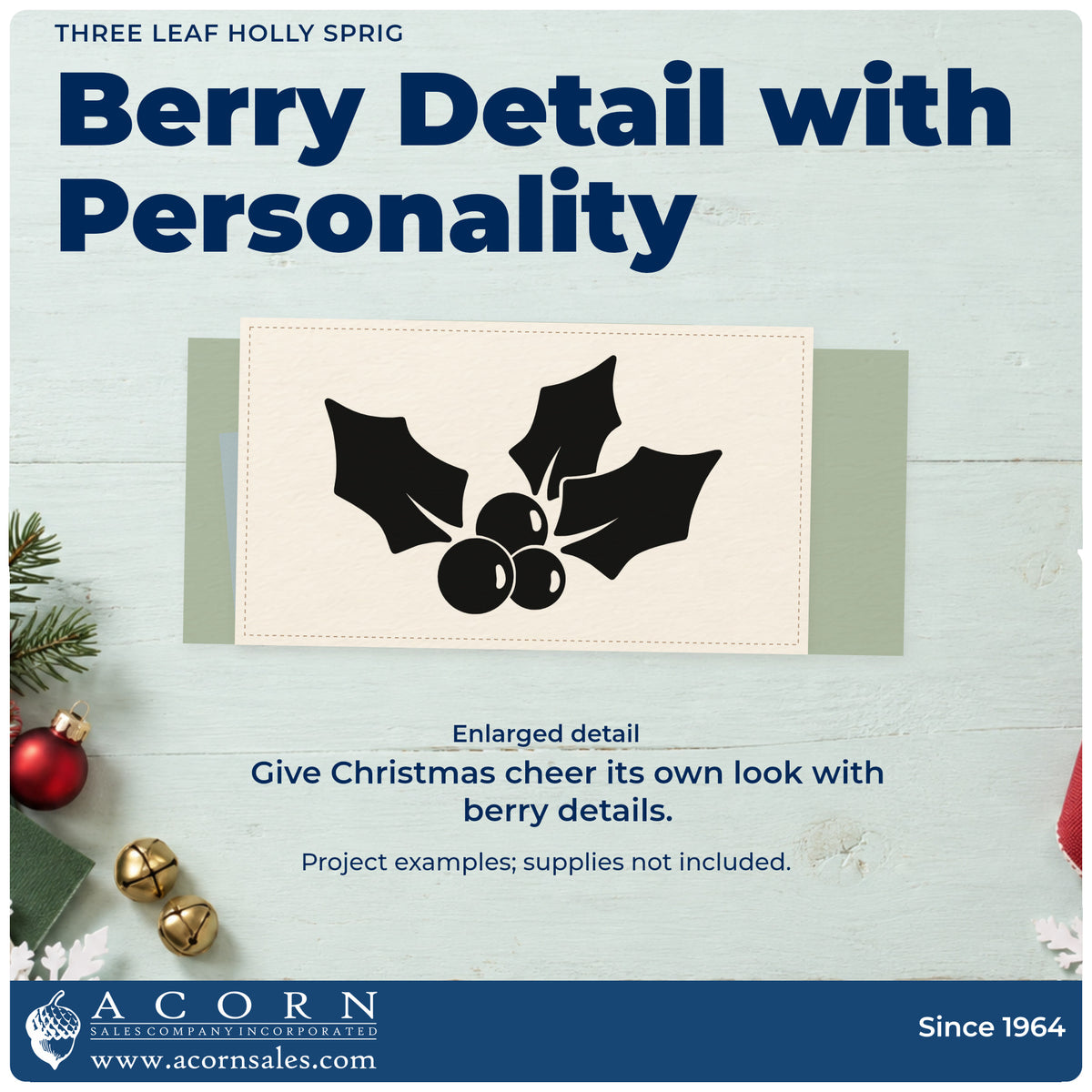 Enlarged detail of the Three Leaf Holly Sprig Pre-Inked Stamp – Slim imprint. Three dark holly leaves surround a cluster of round berries.