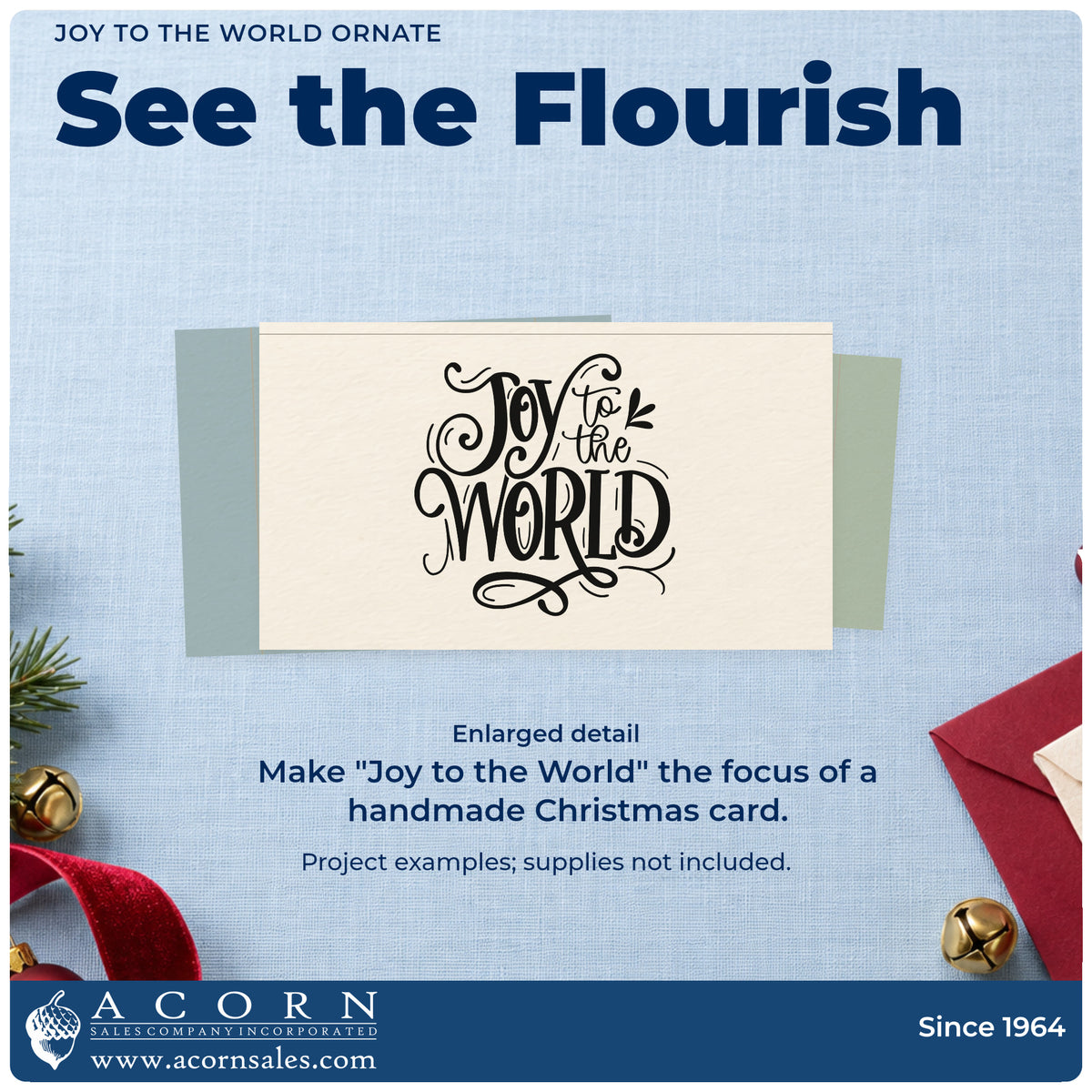 Enlarged detail of the Joy To The World Ornate Leaf Accents Hand Stamp – Duo imprint. “Joy to the World” uses decorative lettering with curls and leafy accents.