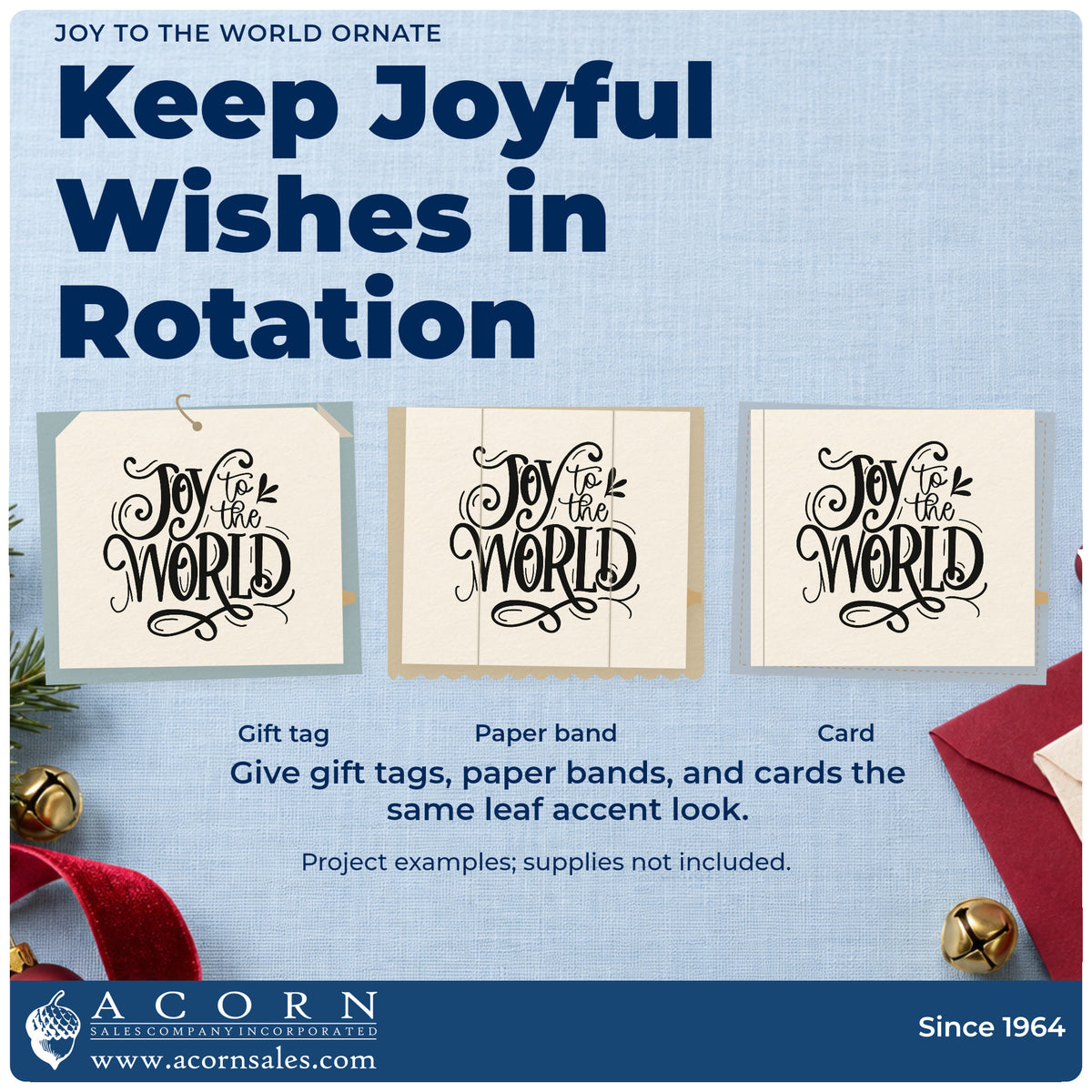 Three project examples made with the Joy To The World Ornate Leaf Accents Hand Stamp – Duo, including service order sheet.