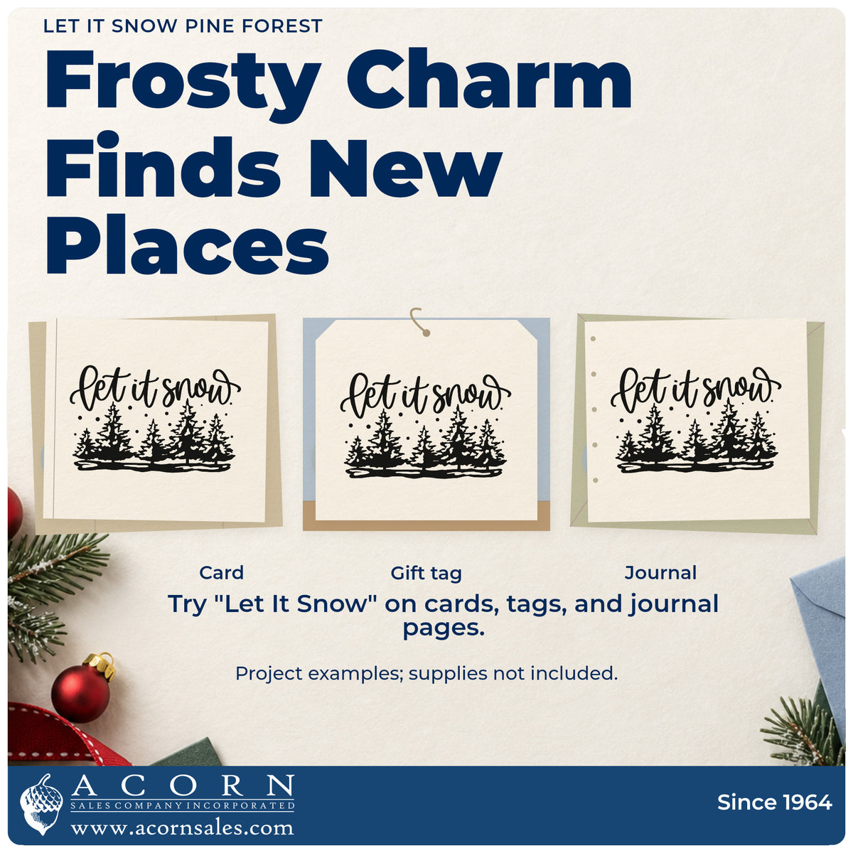 Three project examples made with the Let It Snow Pine Forest Tree Motif Stamp – Self-Inking, including lot inventory sheet.