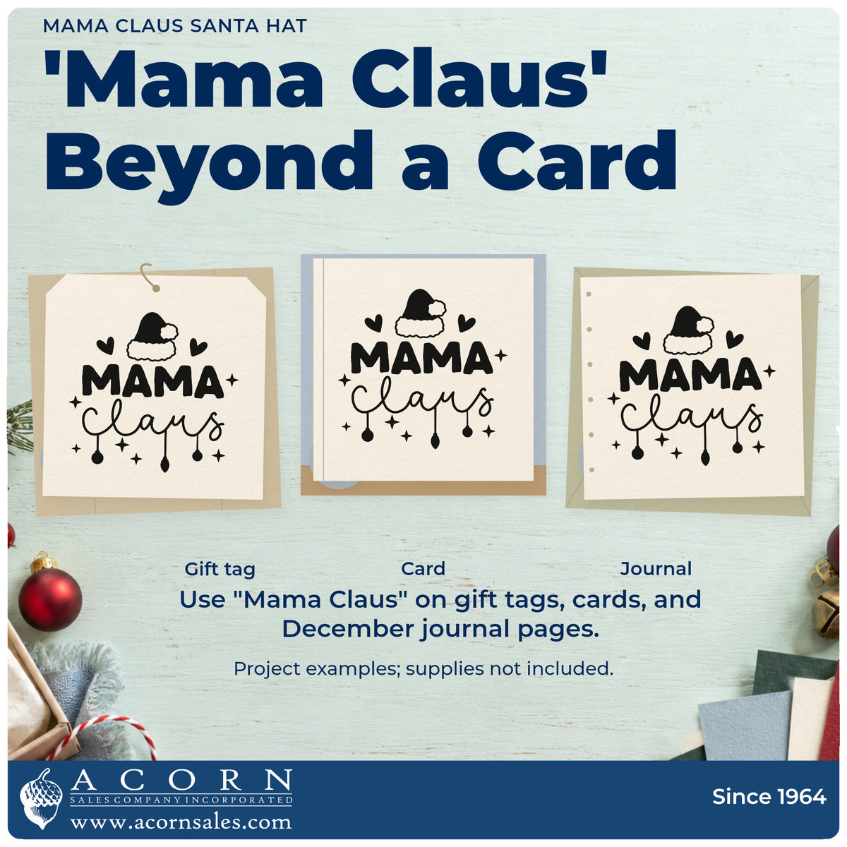 Three project examples made with the Mama Claus Santa Hat Self-Inking Stamp, including holiday task sheet.