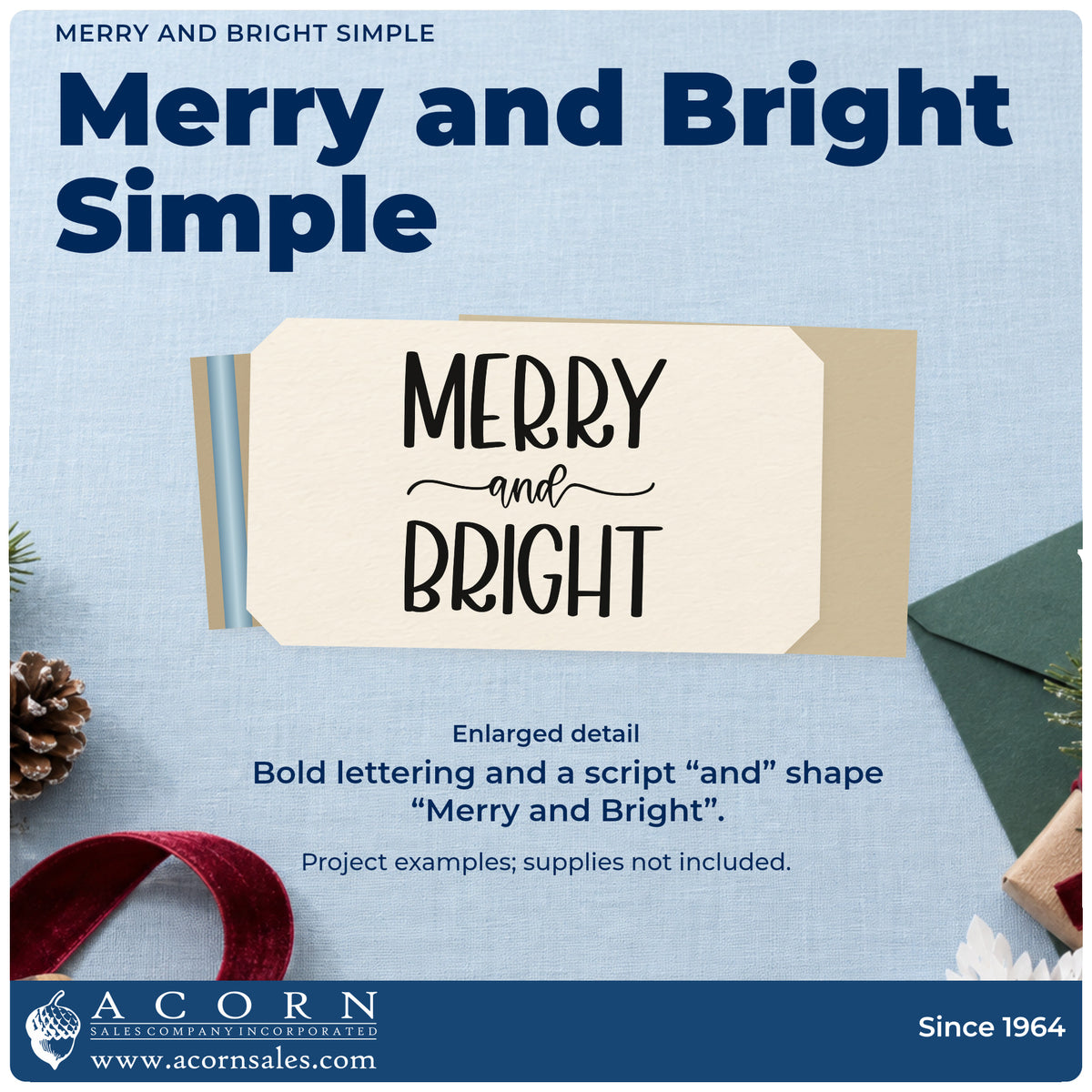 Enlarged detail of the Merry And Bright Simple Frame Accent Hand Stamp – Duo imprint. Tall capitals “Merry” and “Bright” frame script “And” with extended flourishes.