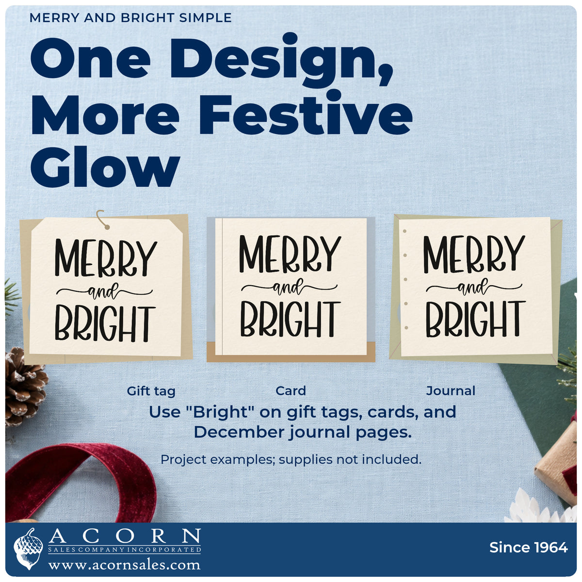 Three project examples made with the Merry And Bright Simple Frame Accent Pre-Inked Stamp – Slim, including ledger column header.