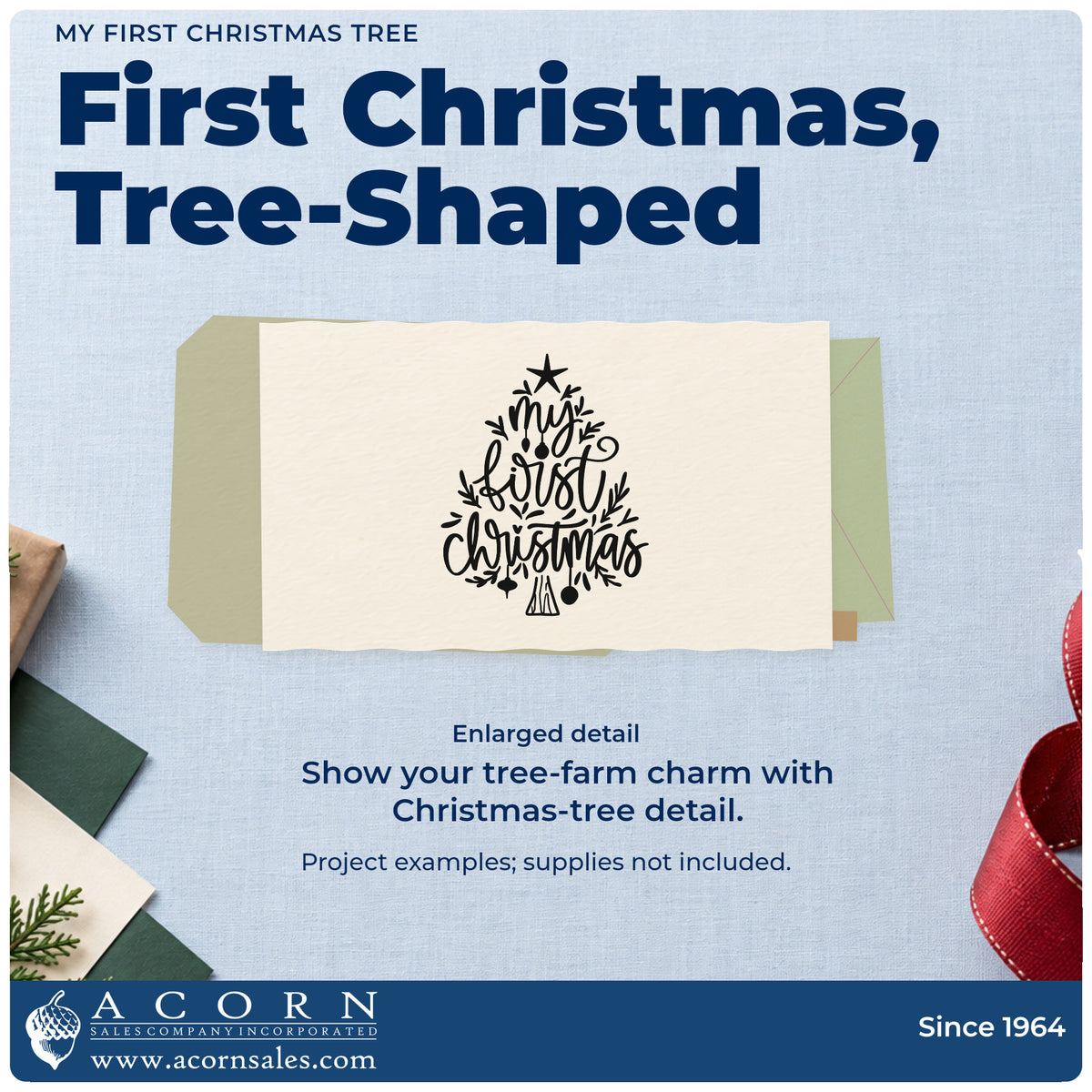 Enlarged detail of the My First Christmas Tree Rubber Stamp – Duo Hand imprint. “My First Christmas” forms a tree-like arrangement with a star, foliage, and hanging ornaments.