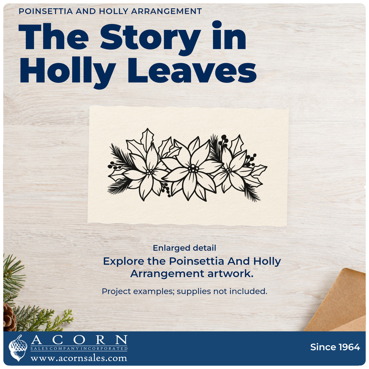 Enlarged detail of the Poinsettia And Holly Arrangement Wood Handle Stamp imprint. A horizontal arrangement combines large poinsettia flowers, holly leaves, and evergreen sprigs.