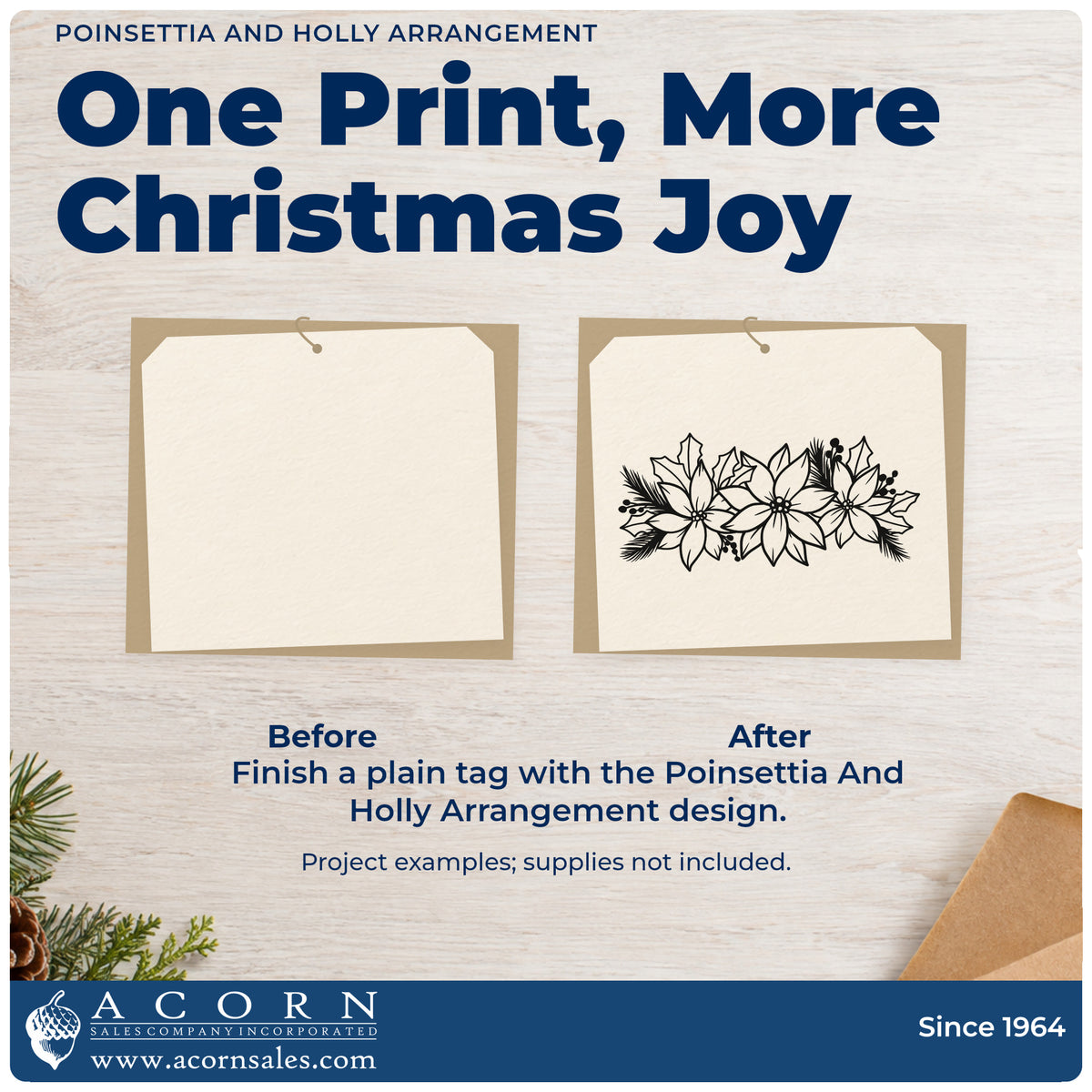Before and after of a plain item finished with the Poinsettia And Holly Arrangement Self-Inking Stamp, a quick upgrade for framed wide panel.