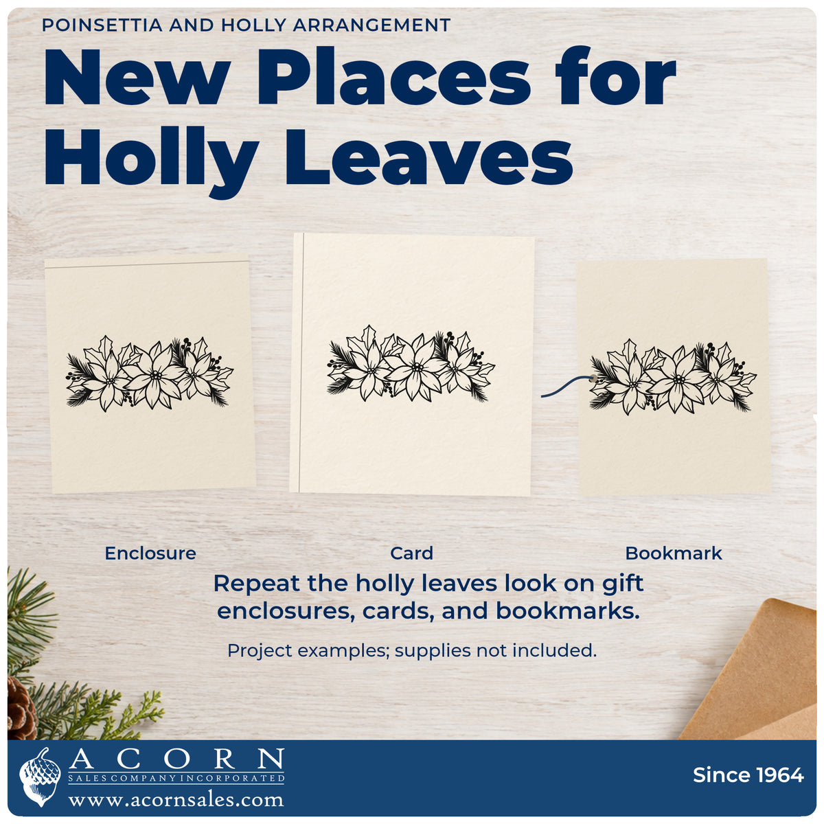 Three project examples made with the Poinsettia And Holly Arrangement Wood Handle Stamp, including order form header.