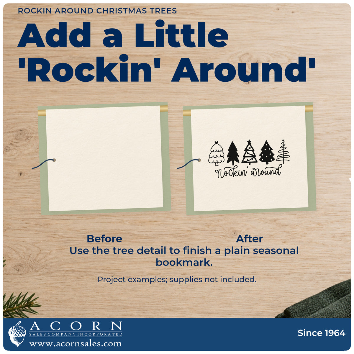 Before and after of a plain item finished with the Rockin Around Christmas Trees Script Lettering Hand Stamp – Duo, a quick upgrade for framed console shelf.