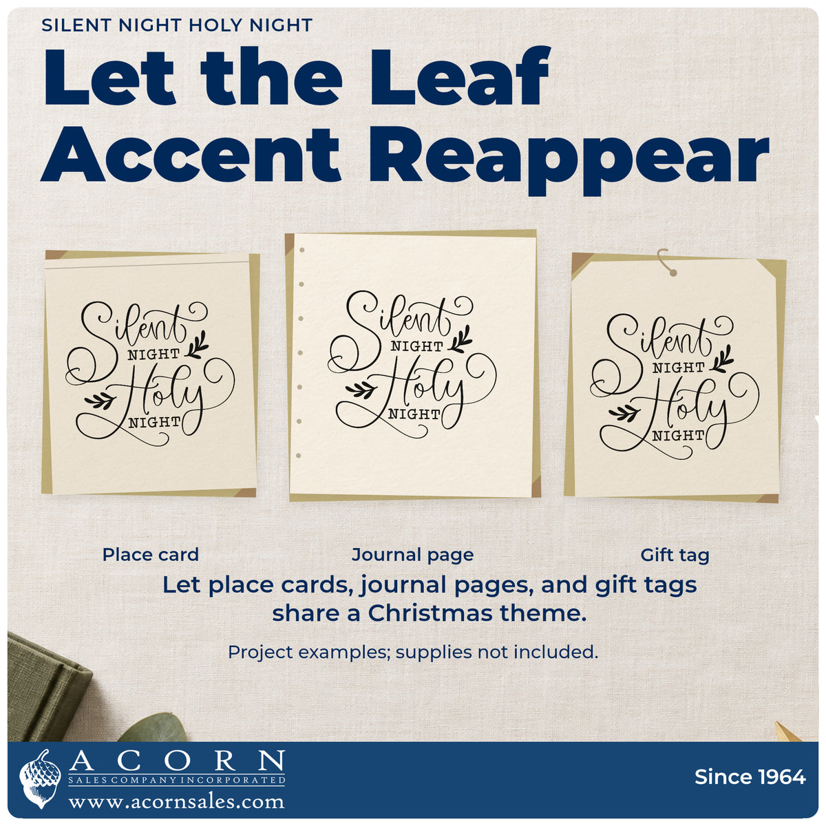Three project examples made with the Silent Night Holy Night Leaf Accents Stamp – Self-Inking, including visit log sheet.