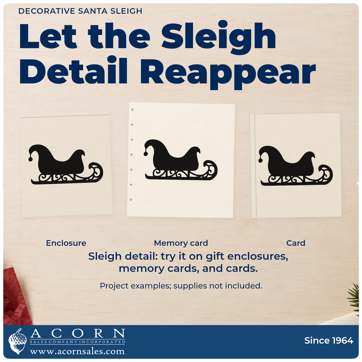 Three project examples made with the Decorative Santa Sleigh Self-Inking Craft Stamp, including journal margin mark.