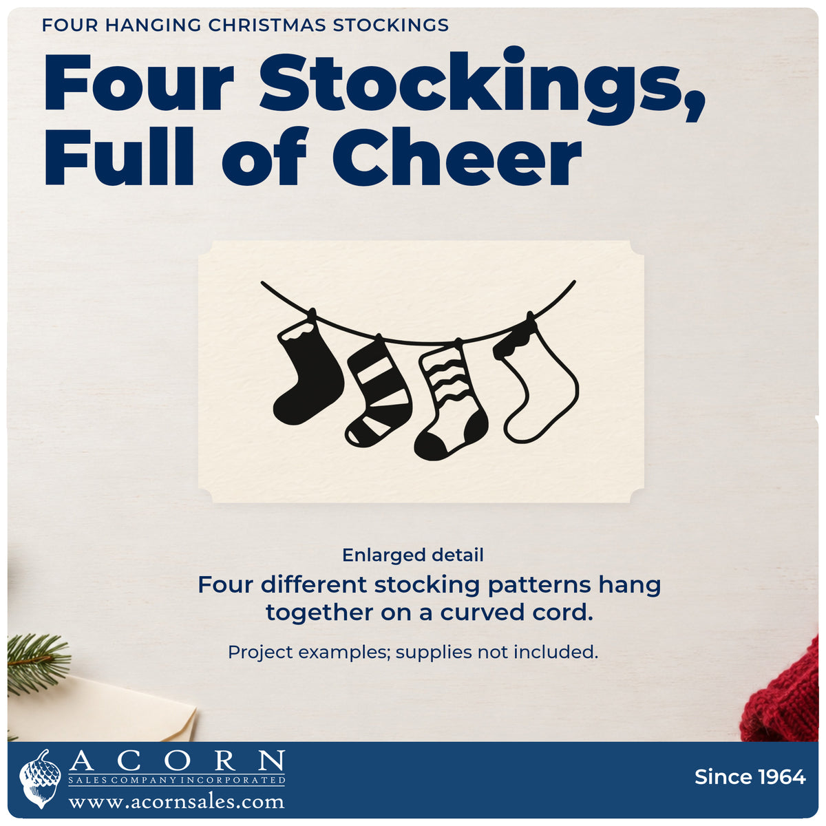 Enlarged detail of the Wood Handle Four Patterned Christmas Stockings Rubber Stamp imprint. Four differently patterned stockings hang from a curved cord.