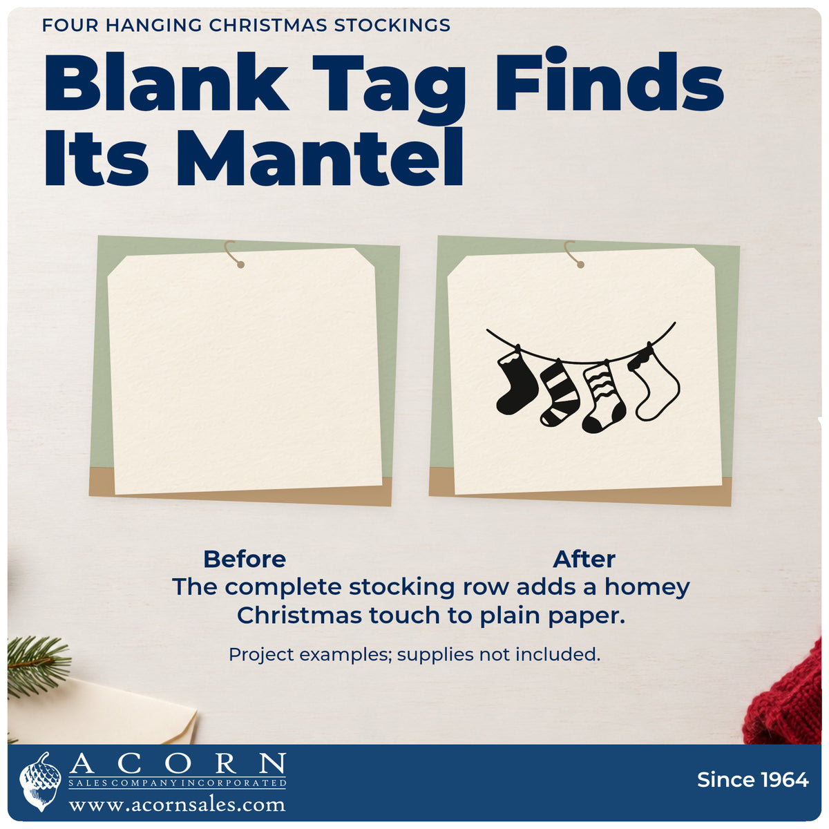 Before and after of a plain item finished with the Wood Handle Four Patterned Christmas Stockings Rubber Stamp, a quick upgrade for framed stair wall.