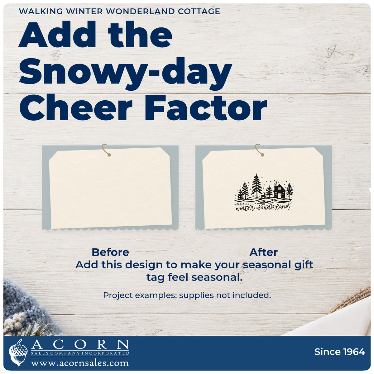 Before and after of a plain item finished with the Walking Winter Wonderland Cottage Pine Motif Rubber Stamp – Wood Handle, a quick upgrade for framed stairway art.