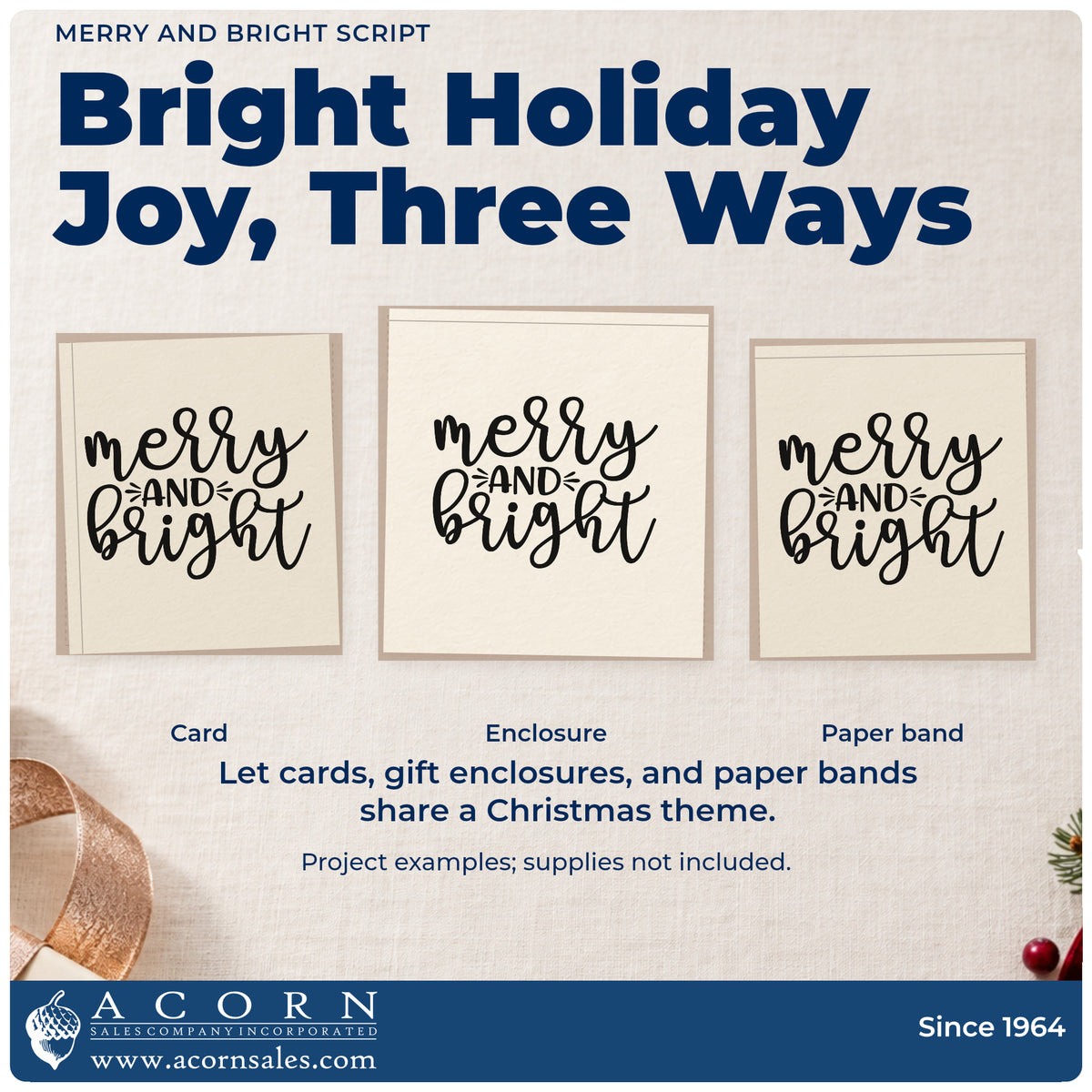 Three project examples made with the Merry And Bright Script Premium Wooden Stamp – Vintage Pro, including ribbon order sheet.