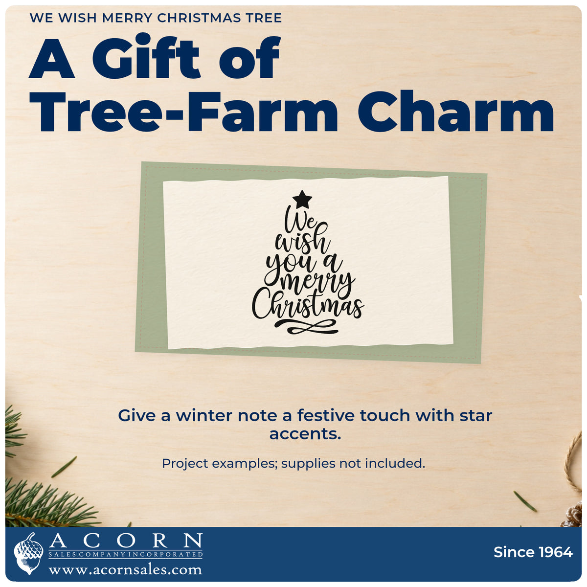 A finished handmade project stamped with the We Wish Merry Christmas Tree With Stars Stamp – Premium Vintage Pro Wooden, ideal for caroling album page.