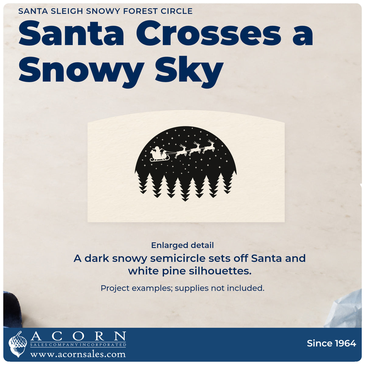 Enlarged detail of the Santa Sleigh Snowy Forest Circle With Cross Self-Inking Stamp imprint. Santa's sleigh and reindeer cross a dark snowy semicircle above negative-space pine silhouettes.