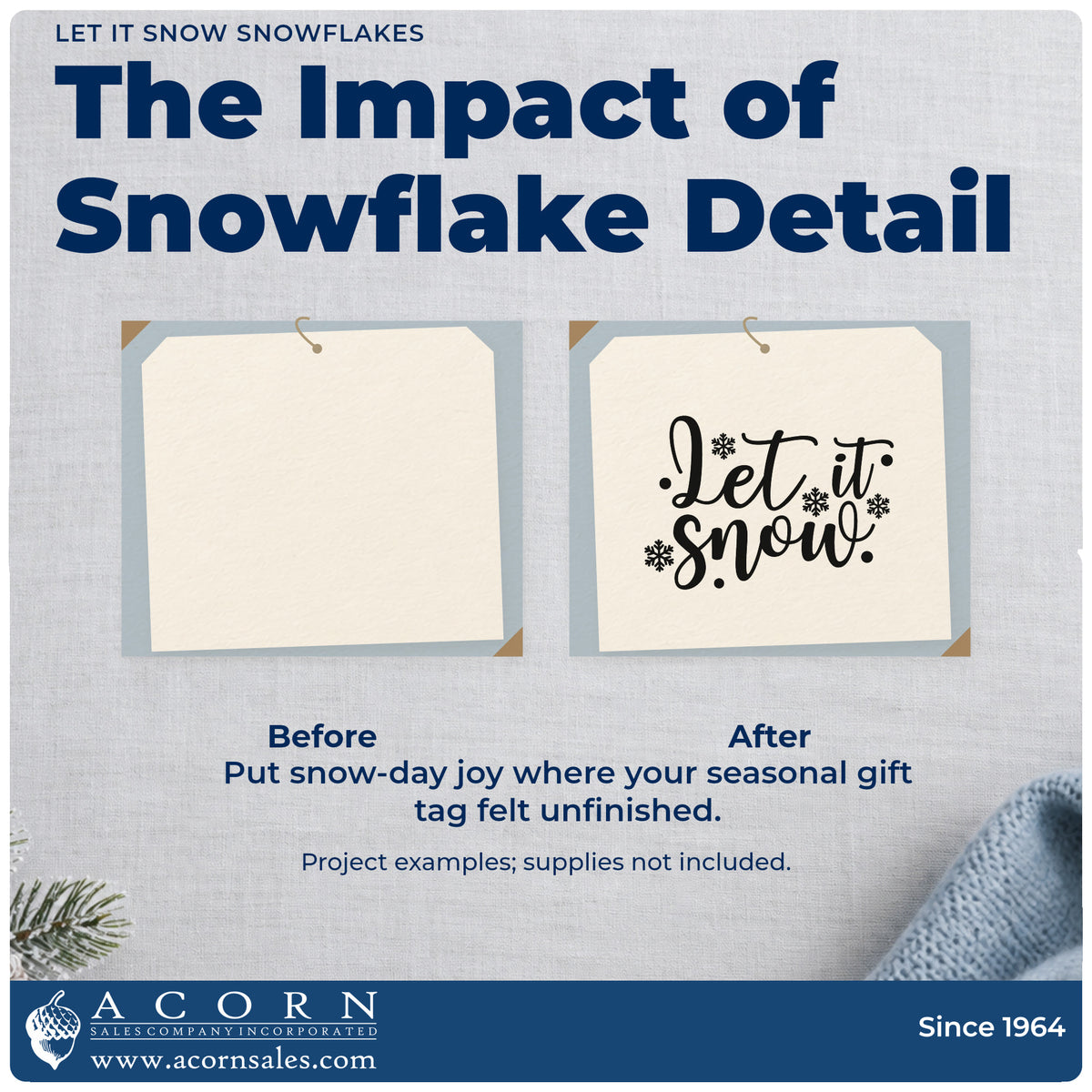 Before and after of a plain item finished with the Let It Snow Snowflakes Slim Pre-Inked Stamp, a quick upgrade for framed rink lobby.