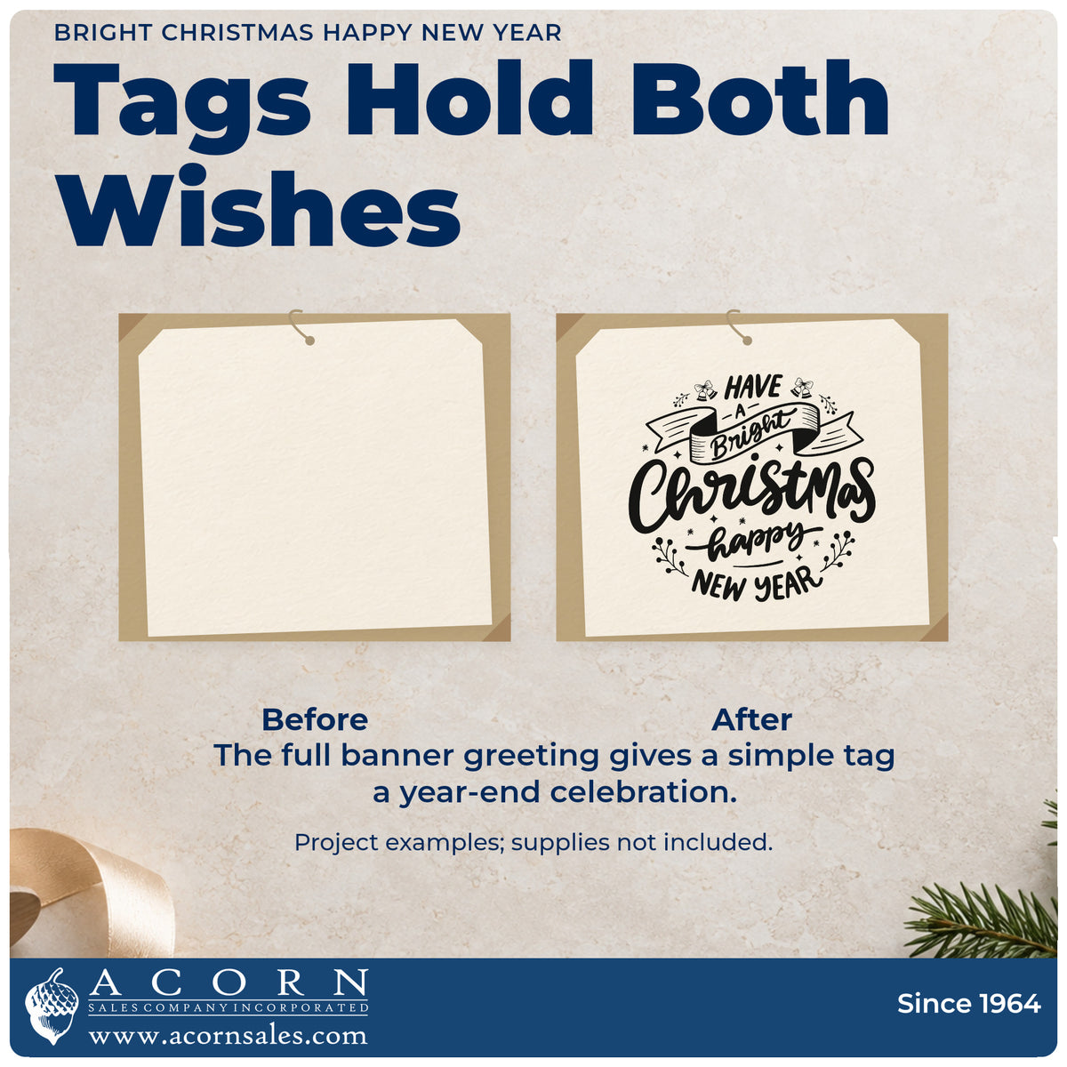 Before and after of a plain item finished with the Bright Christmas Happy New Year Stamp – Self-Inking, a quick upgrade for framed boardroom wall.