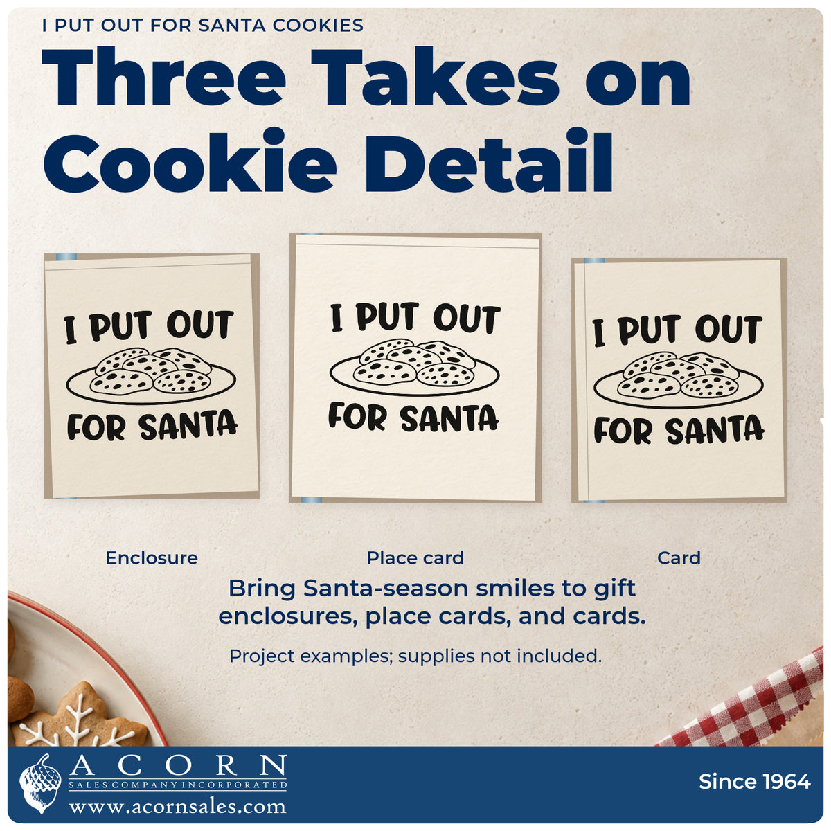 Three project examples made with the I Put Out For Santa Cookies Premium Wooden Stamp – Vintage Pro, including recipe trade sheet.