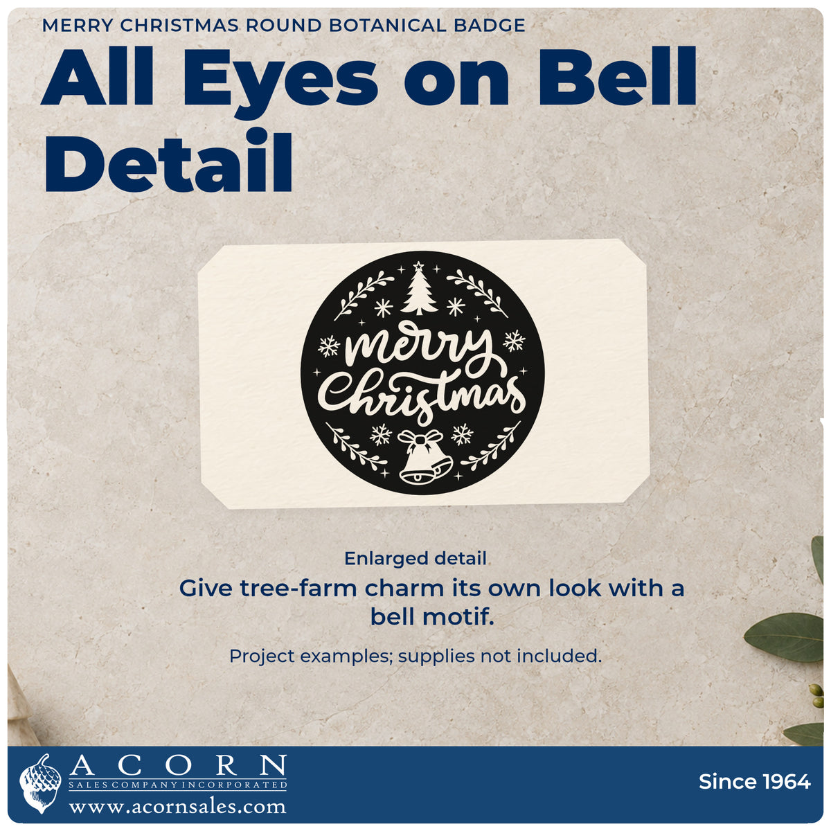 Enlarged detail of the Merry Christmas Round Botanical Badge Premium Wooden Stamp – Vintage Pro imprint. “Merry Christmas” fills a dark circular badge with a tree, snowflakes, bell, and leafy border.