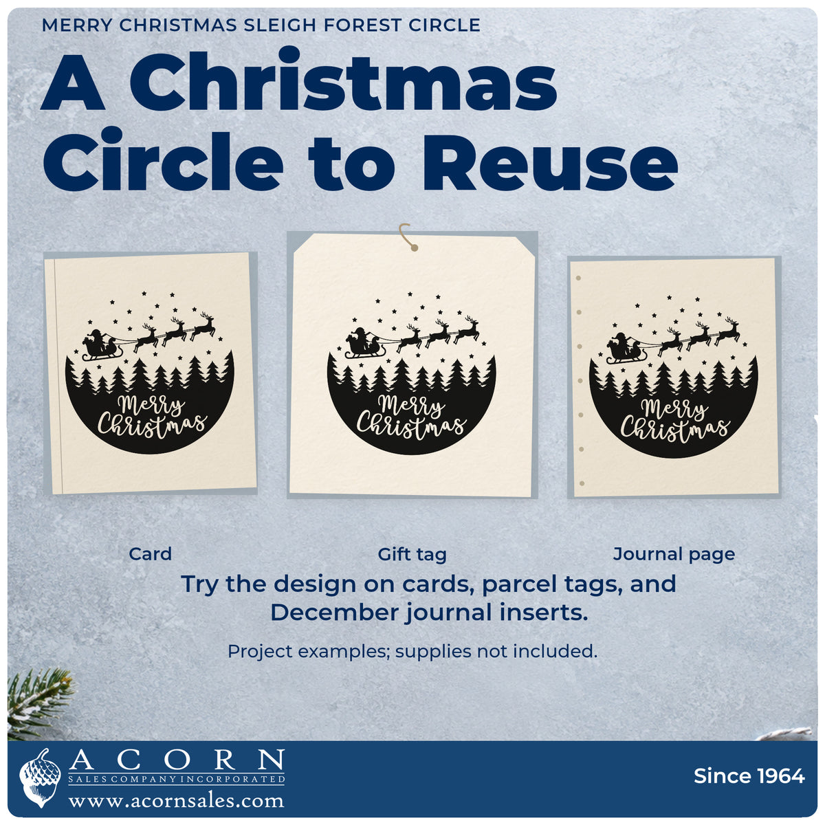 Three project examples made with the Vintage Pro Merry Christmas Sleigh Forest Circle Premium Wooden Stamp, including coaster set sheet.