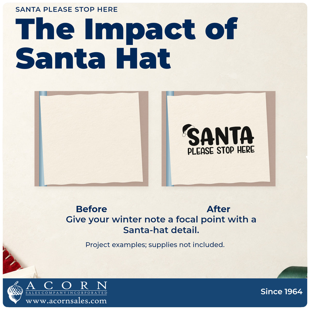 Before and after of a plain item finished with the Santa Please Stop Here Hat Hand Stamp – Duo, a quick upgrade for framed window sign.