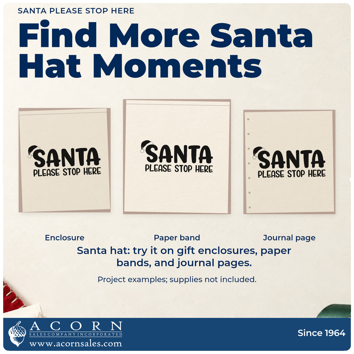 Three project examples made with the Santa Please Stop Here Hat Stamp – Premium Vintage Pro Wooden, including wish list sheet.