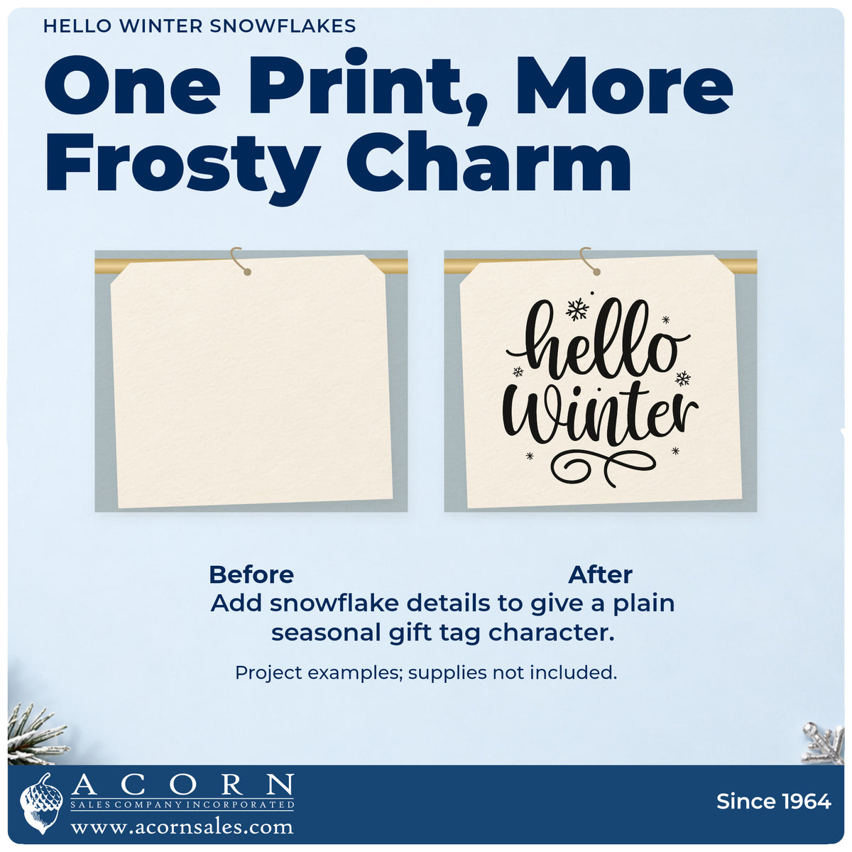 Before and after of a plain item finished with the Hello Winter Snowflakes Self-Inking Stamp, a quick upgrade for framed cafe window.