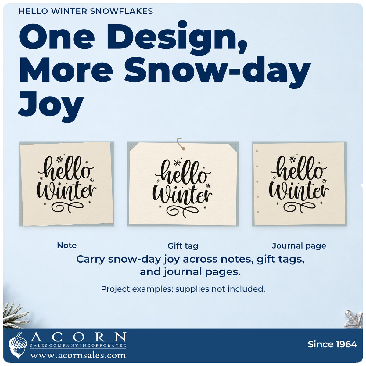 Three project examples made with the Hello Winter Snowflakes Premium Wood-Mounted Stamp – Vintage Pro, including special board sheet.