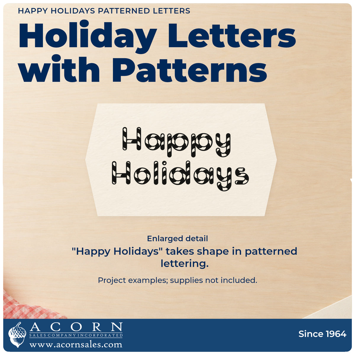 Enlarged detail of the Happy Holidays Patterned Letters Block Lettering Craft Stamp – Self-Inking imprint. “Happy Holidays” appears in rounded capitals filled with festive patterns.