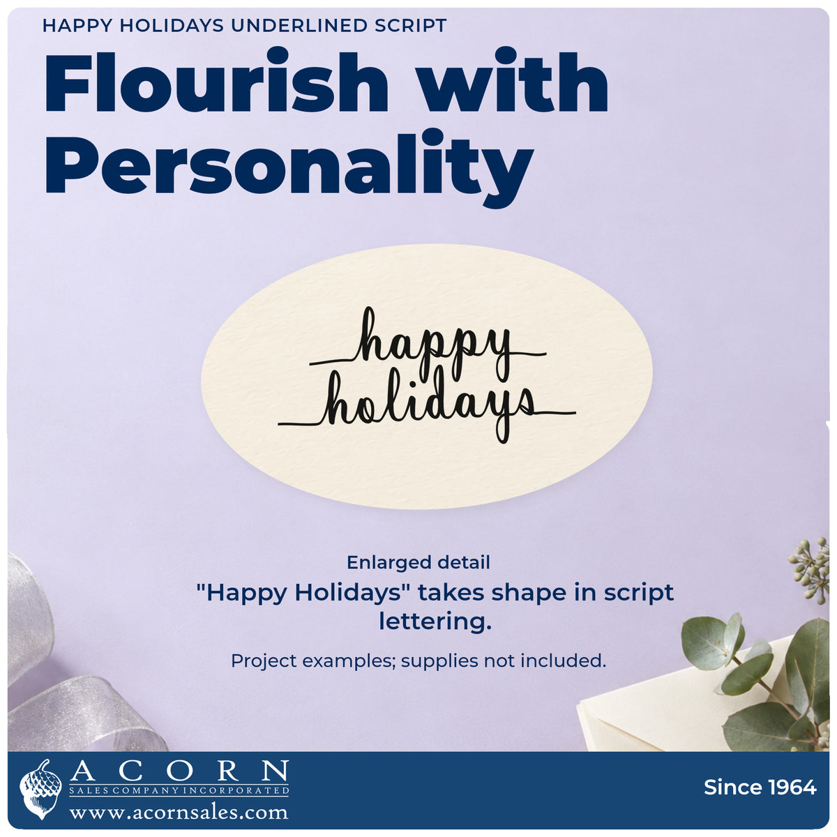 Enlarged detail of the Happy Holidays Underlined Script Stamp – PSI Pre-Inked imprint. Two rows of small script read “Happy Holidays” with extended horizontal flourishes.