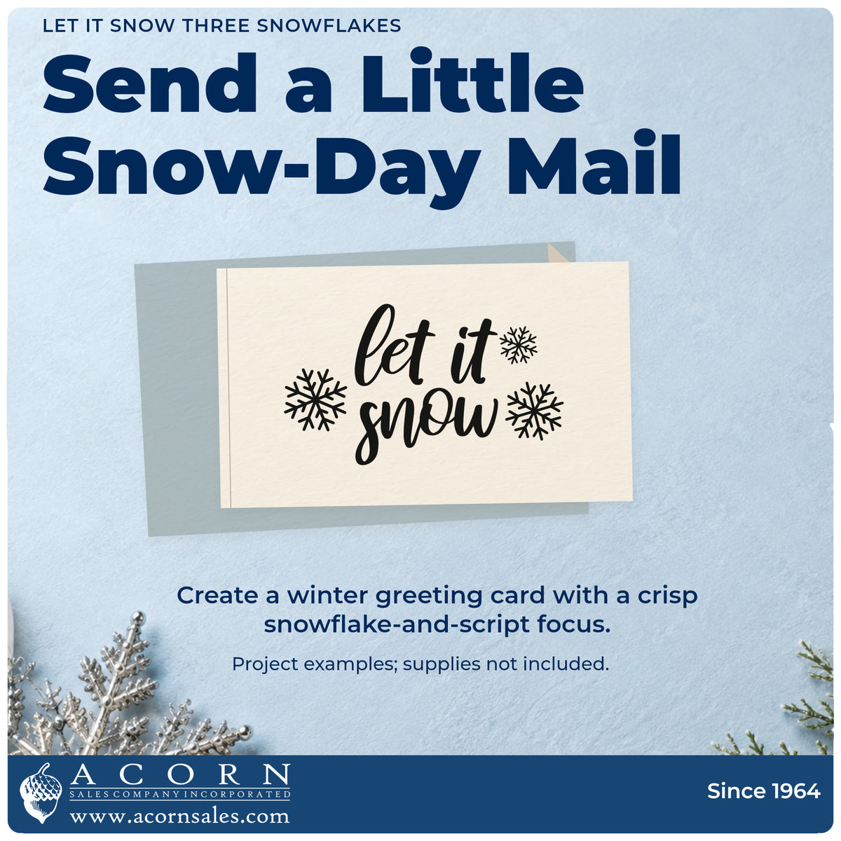 A finished handmade project stamped with the Let It Snow Three Snowflakes Self-Inking Stamp, ideal for quilt project album.