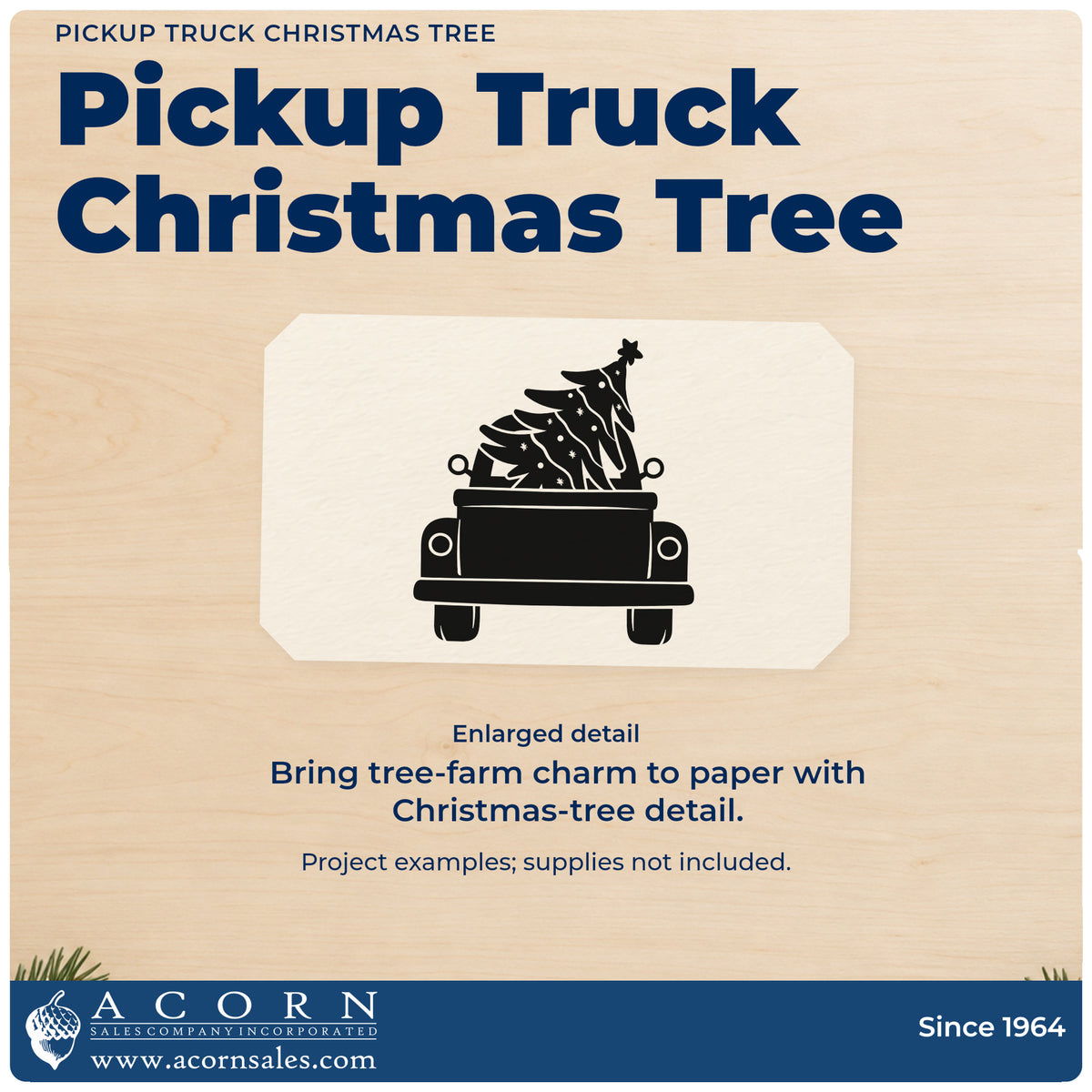 Enlarged detail of the Pickup Truck Christmas Tree With Stars Hand Stamp – Duo imprint. A rear-view pickup truck carries a decorated Christmas tree topped with a star.