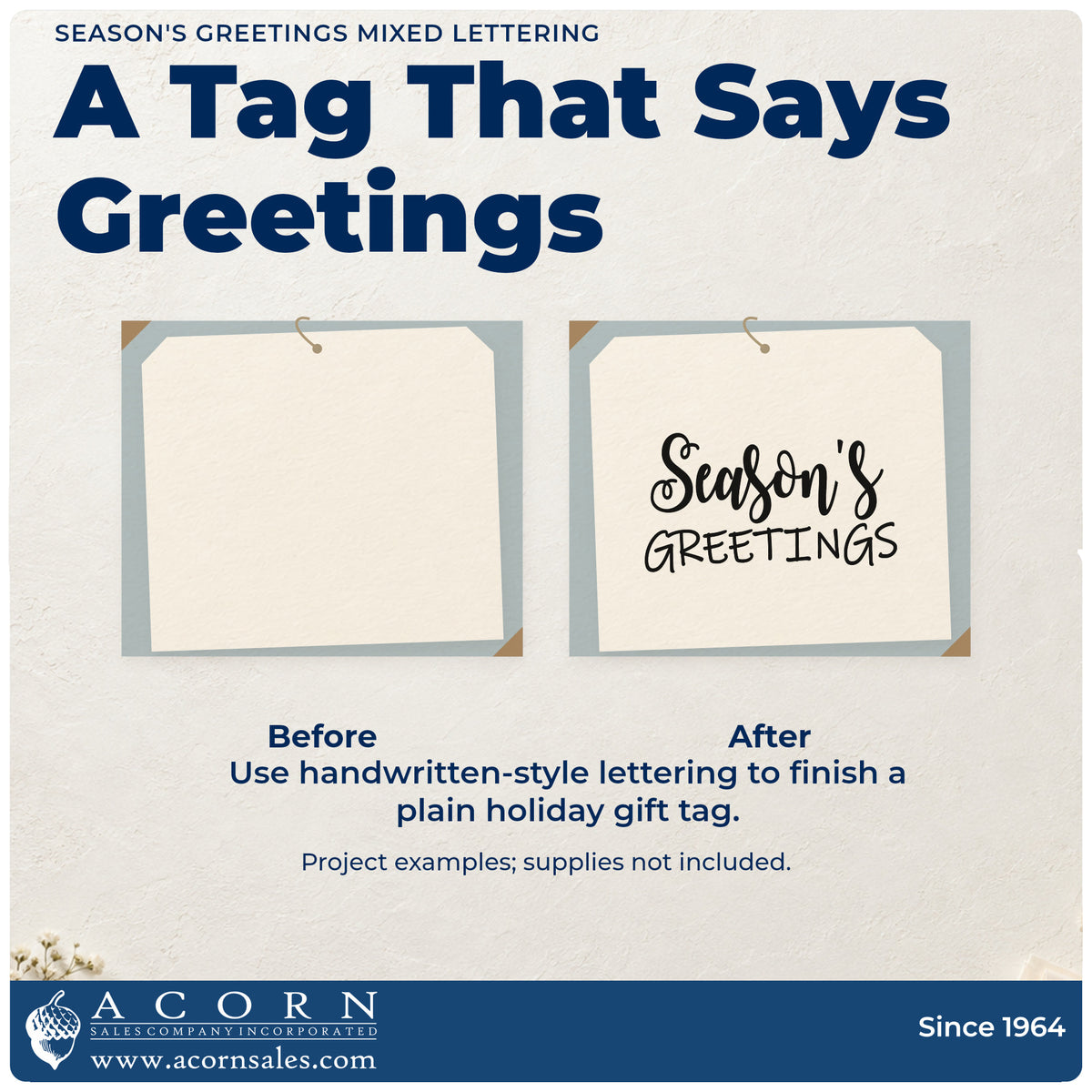 Before and after of a plain item finished with the Season's Greetings Mixed Lettering Compact Pre-Inked Stamp – Slim, a quick upgrade for framed lobby alcove.