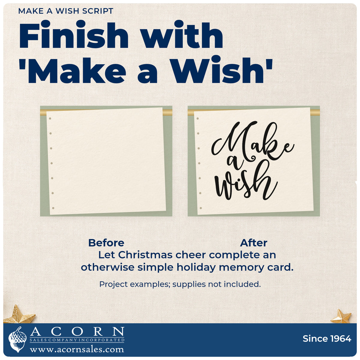 Before and after of a plain item finished with the Make A Wish Sweeping Script Wood Handle Stamp, a quick upgrade for framed dessert table.
