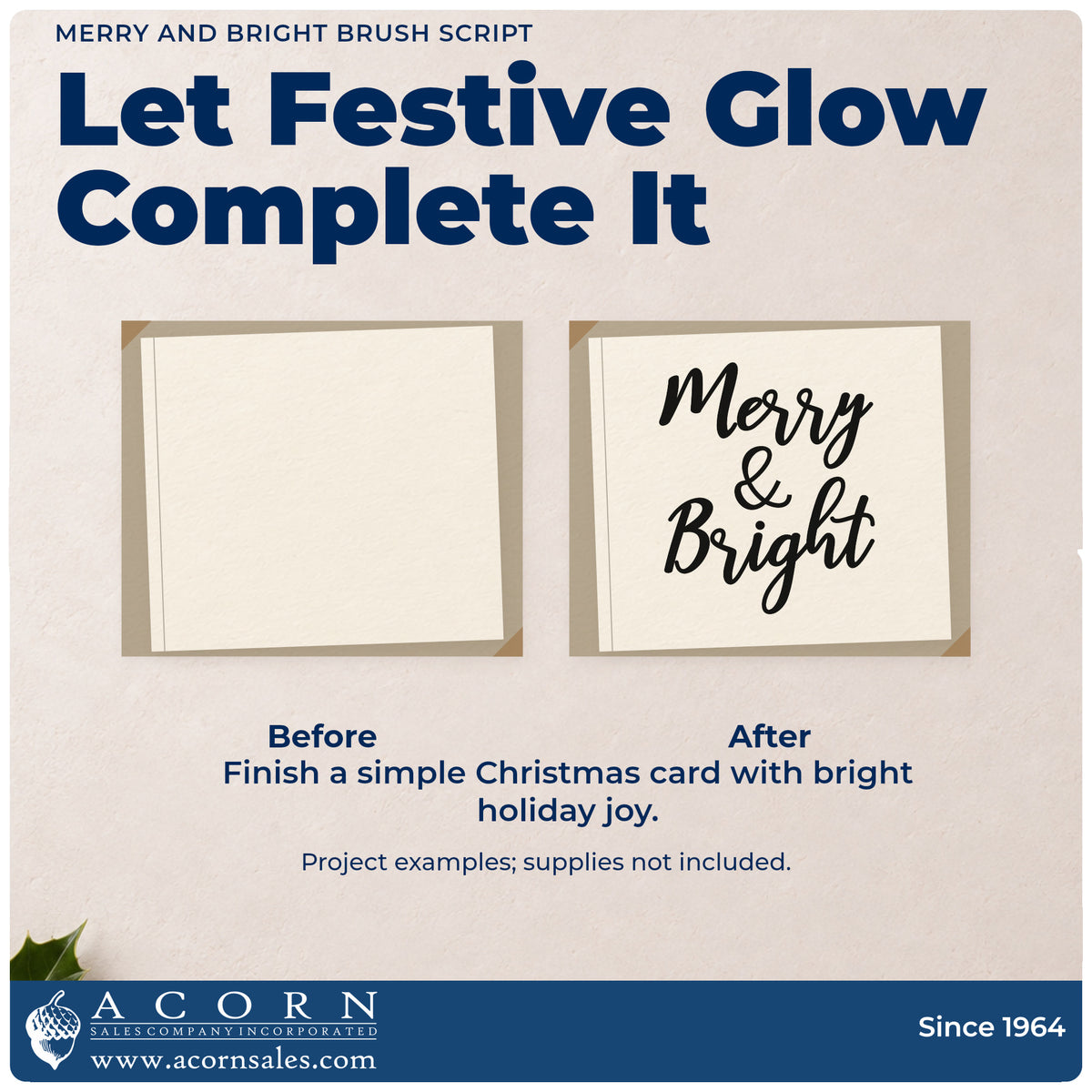 Before and after of a plain item finished with the Merry And Bright Brush Script Stamp – Duo Hand, a quick upgrade for framed chalk panel.