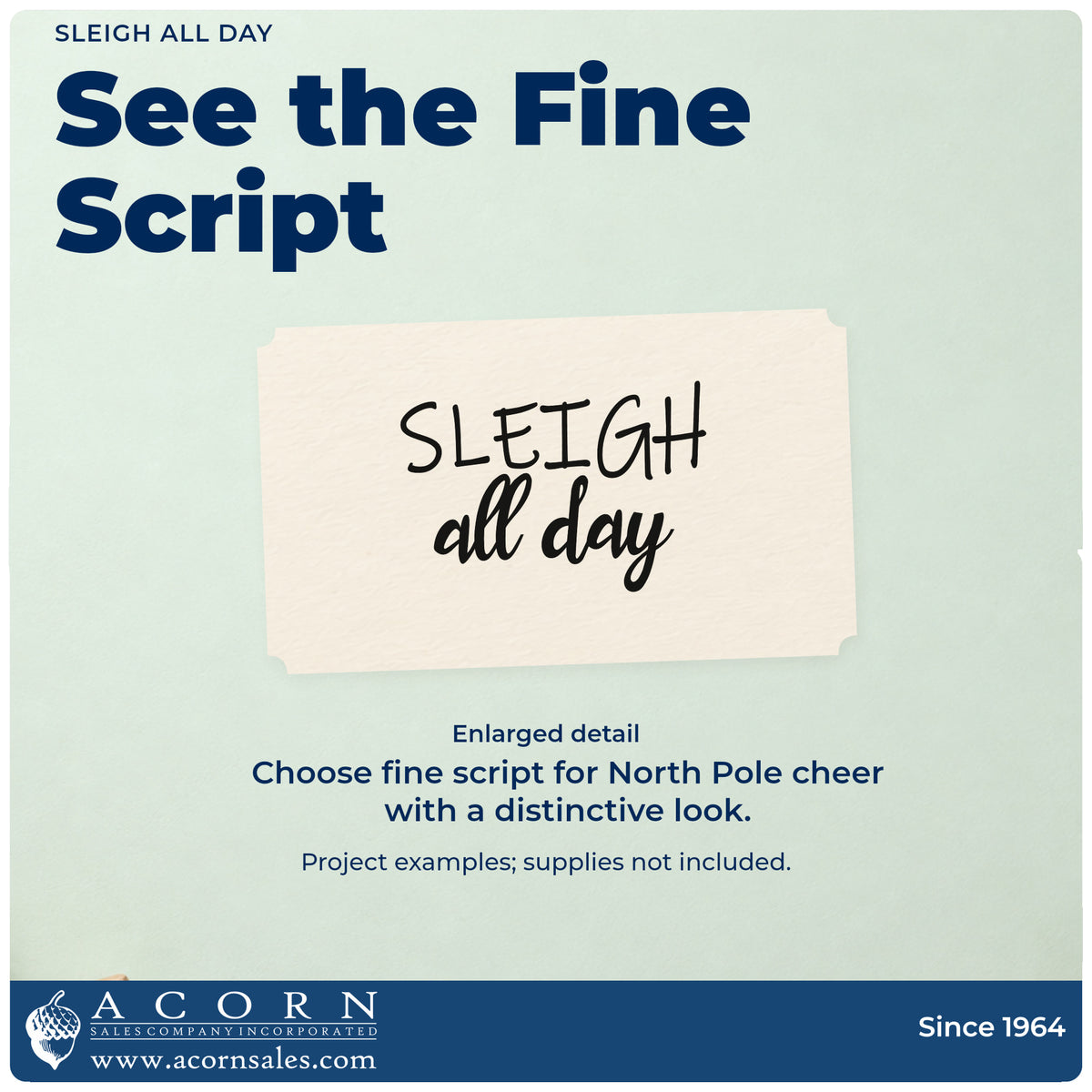 Enlarged detail of the Sleigh All Day Script Lettering Pre-Inked Stamp – Slim imprint. Thin capitals “Sleigh” sit above brush-script “All Day.”