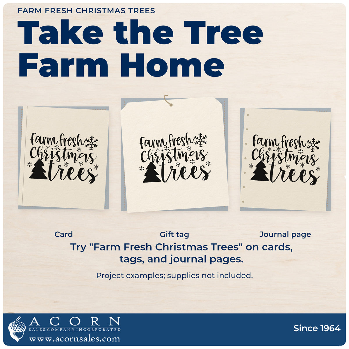 Three project examples made with the Farm Fresh Christmas Trees Premium Wood-Mounted Stamp – Vintage Pro, including holiday market bags.