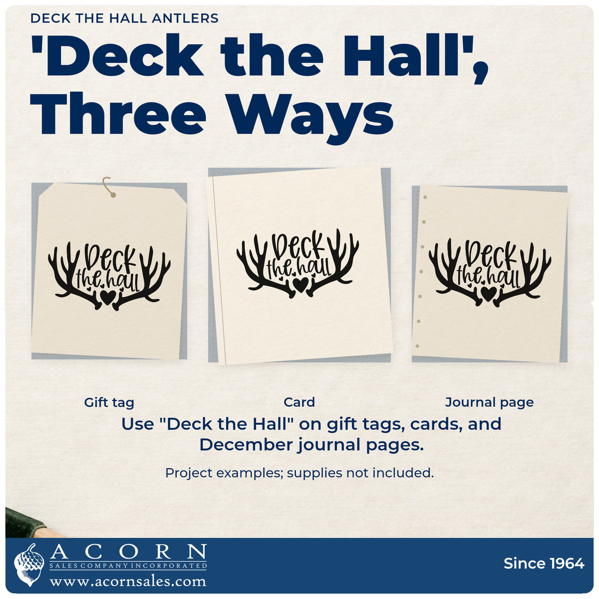 Three project examples made with the Deck The Hall Antlers Compact Pre-Inked Stamp – Slim, including decor order sheet.