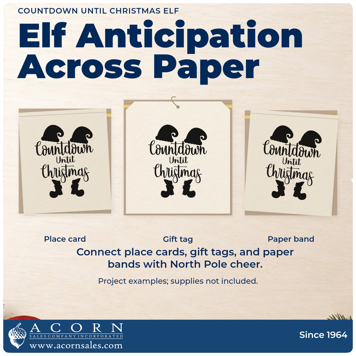 Three project examples made with the Duo Hand Countdown Until Christmas Elf Rubber Stamp, including days left sheet.