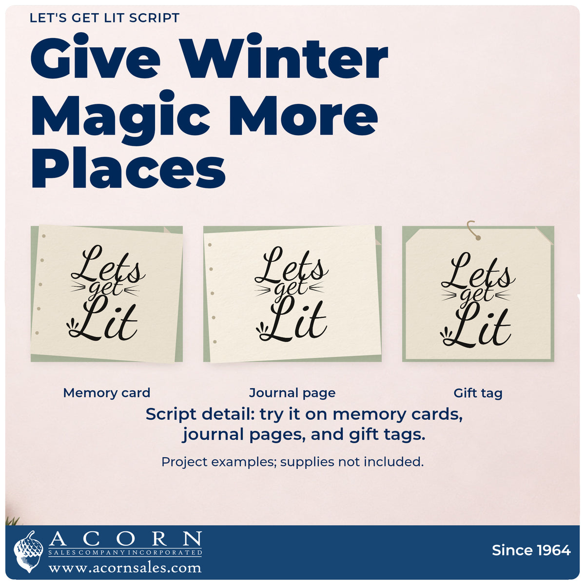 Three project examples made with the Let's Get Lit Script Compact Pre-Inked Stamp – Slim, including display plan sheet.