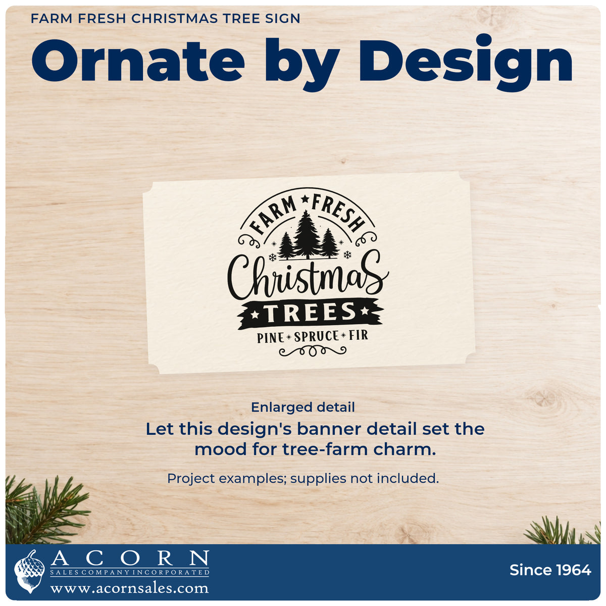 Enlarged detail of the Farm Fresh Christmas Tree Sign Wood Handle Stamp imprint. “Farm Fresh Christmas Trees Pine Spruce Fir” forms a vintage-style sign with three trees and a banner.