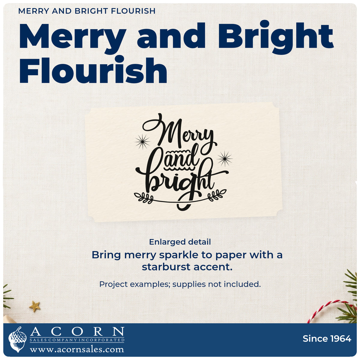 Enlarged detail of the Merry And Bright Flourished Lettering Hand Stamp – Duo imprint. “Merry and Bright” features starbursts and a curved leafy underline.