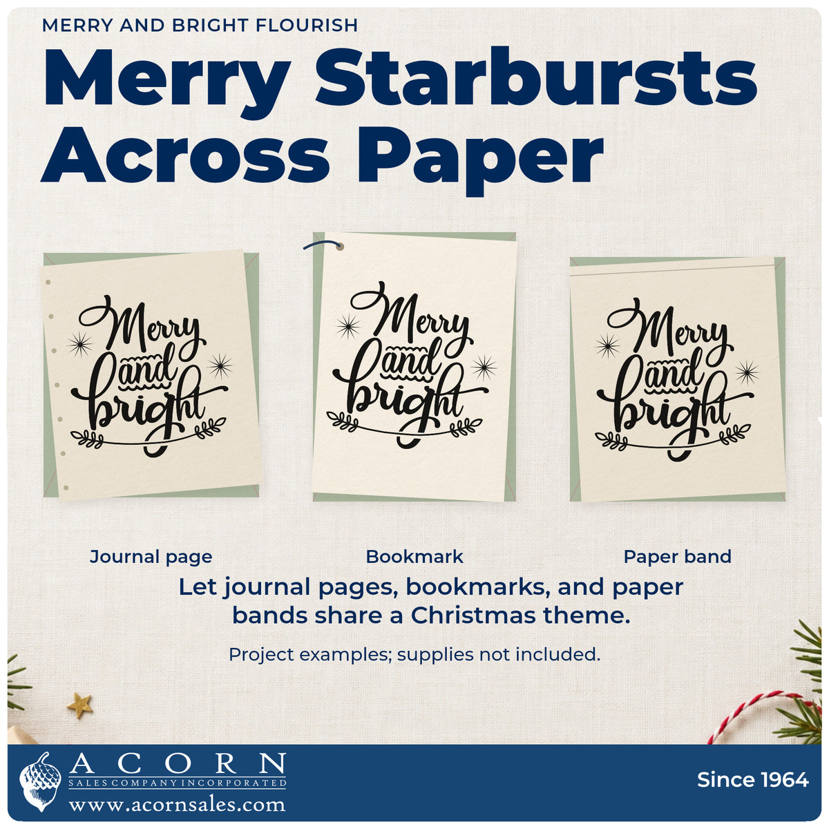 Three project examples made with the Merry And Bright Flourished Lettering Wood-Mounted Rubber Stamp, including ink test log sheet.