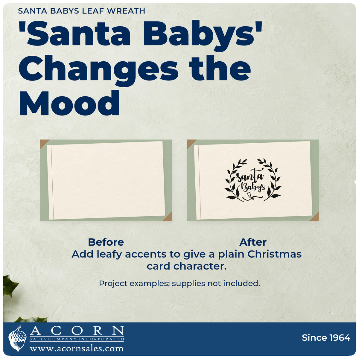 Before and after of a plain item finished with the Leaf Wreath Santa Babys Lettering Rubber Stamp – Wood Handle, a quick upgrade for framed dressing room.
