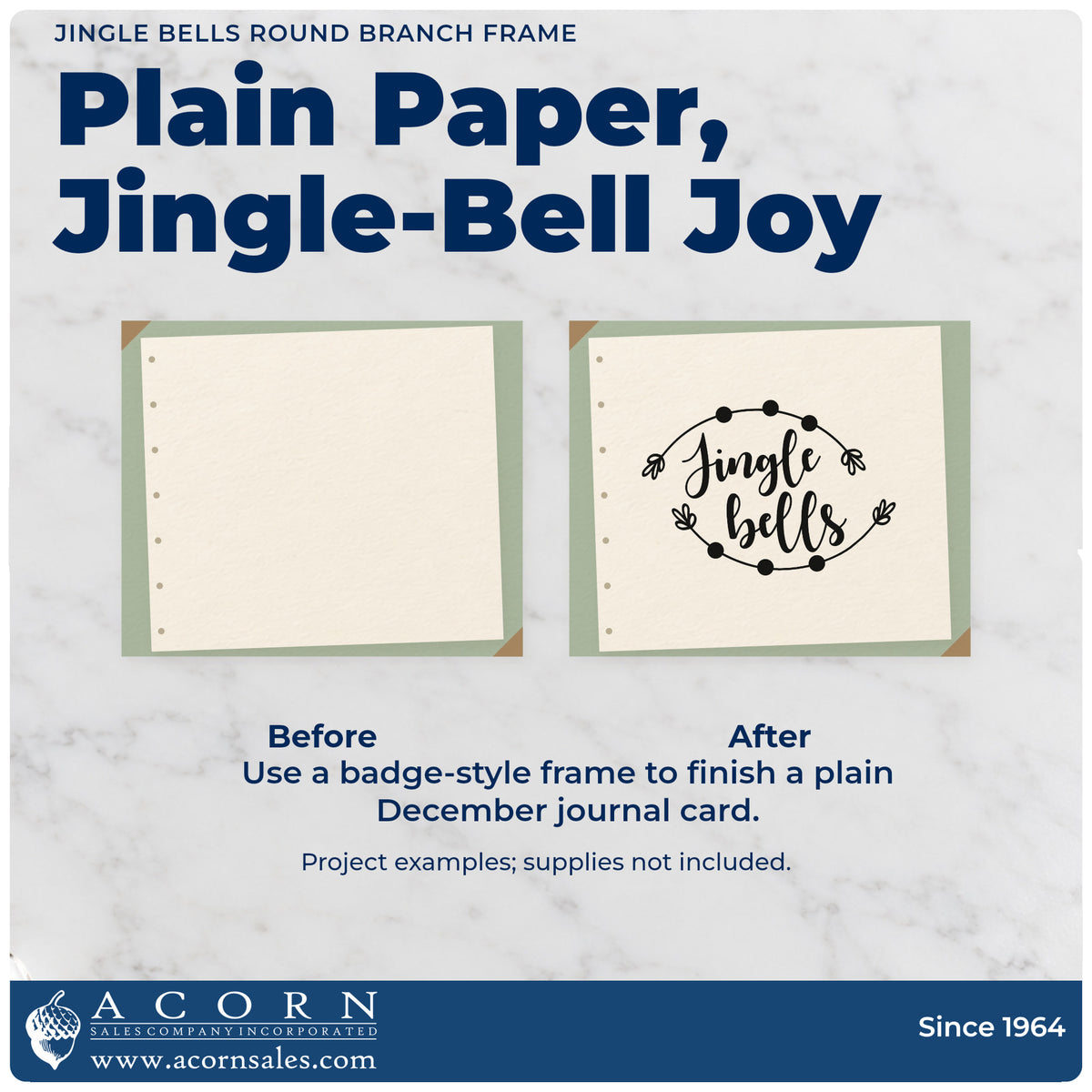 Before and after of a plain item finished with the Premium Wooden Jingle Bells Round Branch Framed Lettering Stamp – Vintage Pro, a quick upgrade for framed plate wall.