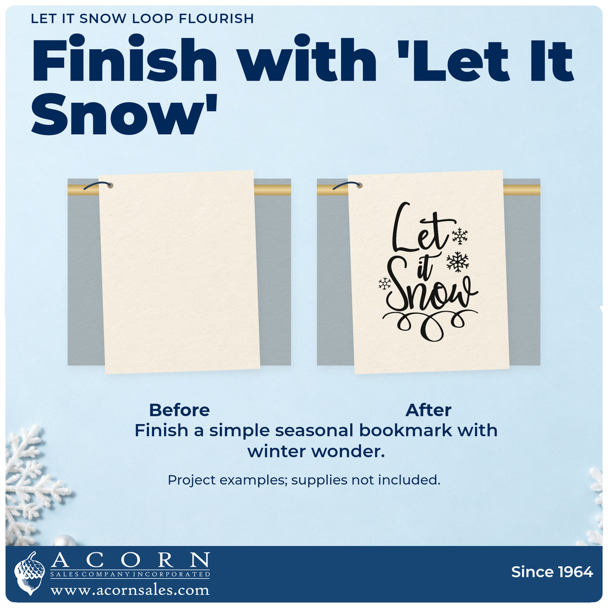 Before and after of a plain item finished with the Let It Snow Loop Flourished Lettering Stamp – Premium Vintage Pro Wooden, a quick upgrade for framed shop office.