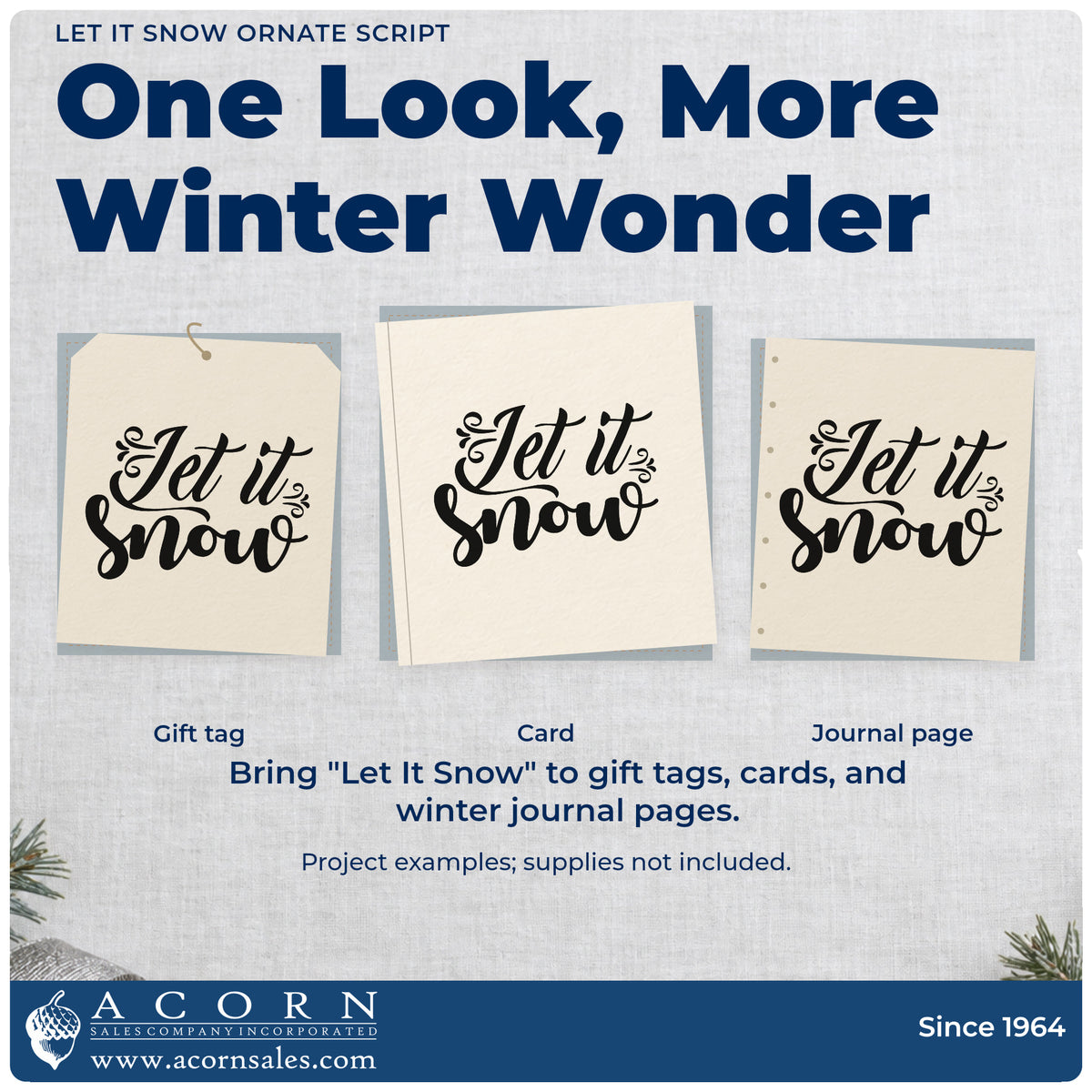 Three project examples made with the Vintage Pro Let It Snow Ornate Script Premium Wooden Stamp, including activity menu sheet.