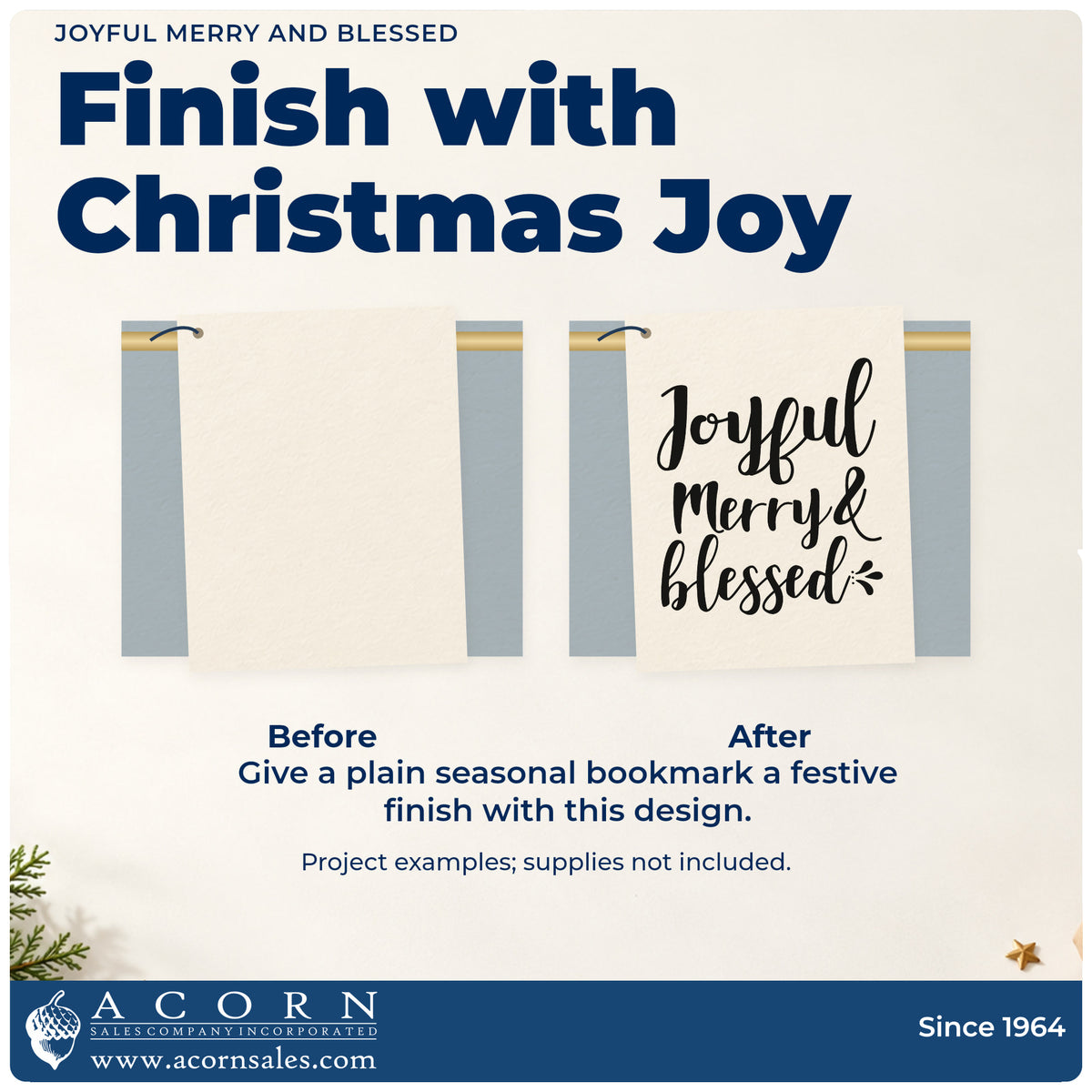 Before and after of a plain item finished with the Joyful Merry & Blessed Brush Lettering Pre-Inked Stamp – Slim, a quick upgrade for framed foyer bench.