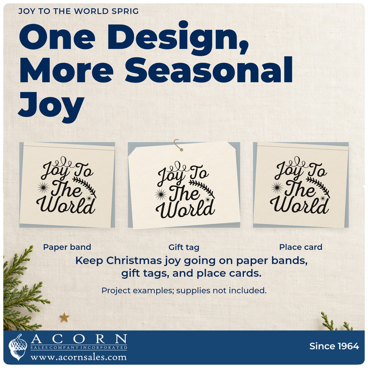 Three project examples made with the Joy To The World Sprig Pine Motif Duo Hand Stamp, including planting log sheet.